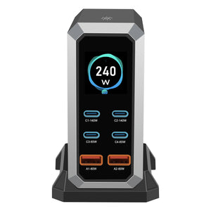 240W GaN Charger 6-Port USB Charger Station (Black) with Dynamic Display Screen for PC Smartphones