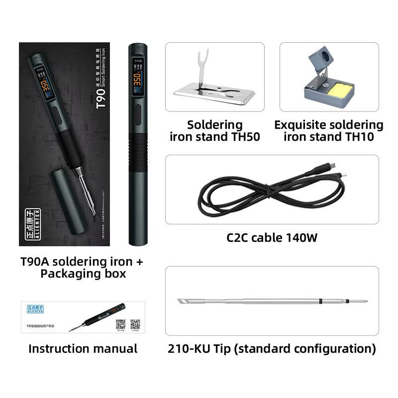 ALIENTEK T90A (T210 Tip) Portable Intelligent Soldering Iron IPS LCD Screen 18-65W Constant Temperature Soldering Pen with TH10 Stand