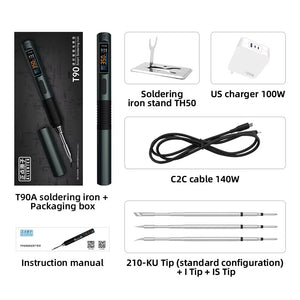 T90A (T210 Tip) Portable Intelligent Soldering Iron IPS LCD Screen 18-65W Soldering Pen with PD 100W Adapter and T210-I/IS Tips