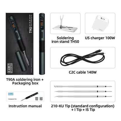 T90A (T210 Tip) Portable Intelligent Soldering Iron IPS LCD Screen 18-65W Soldering Pen with PD 100W Adapter and T210-I/IS Tips