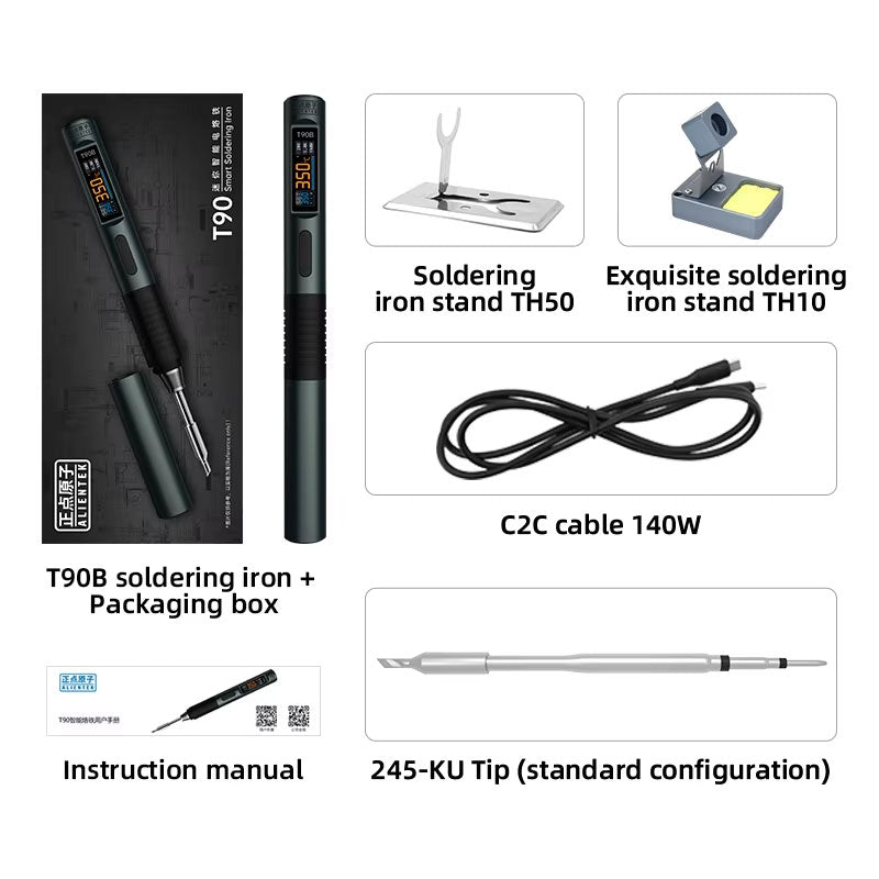 ALIENTEK T90B (T245 Tip) Portable Intelligent Soldering Iron IPS LCD Screen 18-140W Constant Temperature Soldering Pen with TH10 Stand