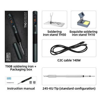 T90B (T245 Tip) Portable Intelligent Soldering Iron IPS LCD Screen 18-140W Constant Temperature Soldering Pen with TH10 Stand