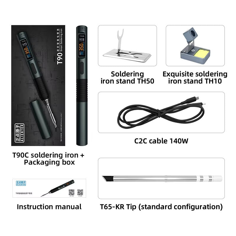 ALIENTEK T90C (T65 Tip) Portable Intelligent Soldering Iron IPS LCD Screen 18-130W Constant Temperature Soldering Pen with TH10 Stand