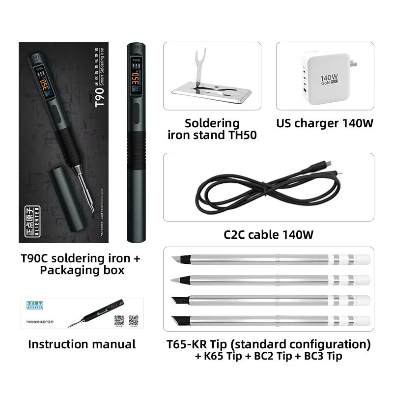 ALIENTEK T90C (T65 Tip) Portable Intelligent Soldering Iron IPS LCD Screen 18-130W Soldering Pen with PD 140W Adapter and T65-KU/BC2 Tips