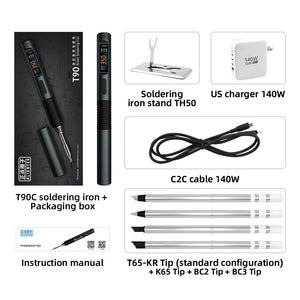 T90C (T65 Tip) Portable Intelligent Soldering Iron IPS LCD Screen 18-130W Soldering Pen with PD 140W Adapter and T65-KU/BC2 Tips