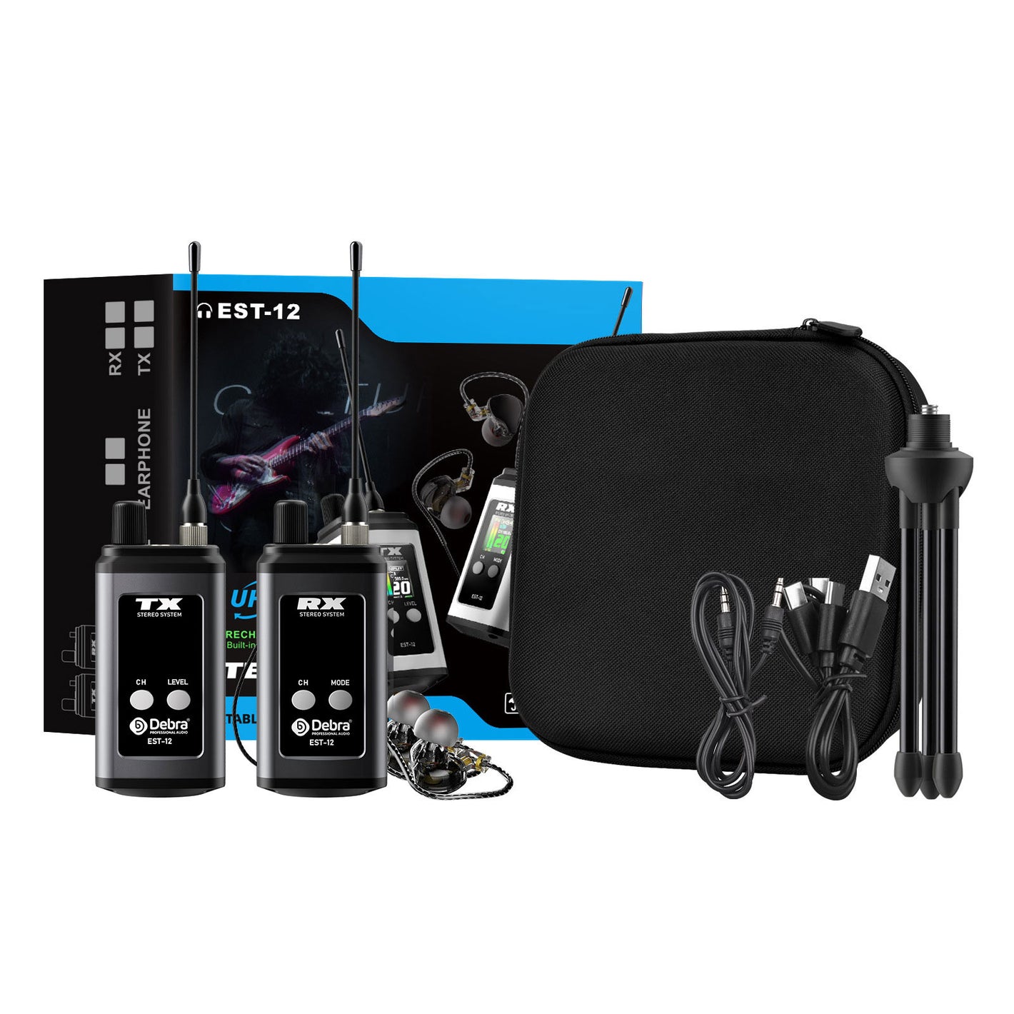 Debra Audio Deep Grey EST-12 Stereo In-Ear Wireless Monitor UHF Portable Professional IEM System with TFT LCD Display