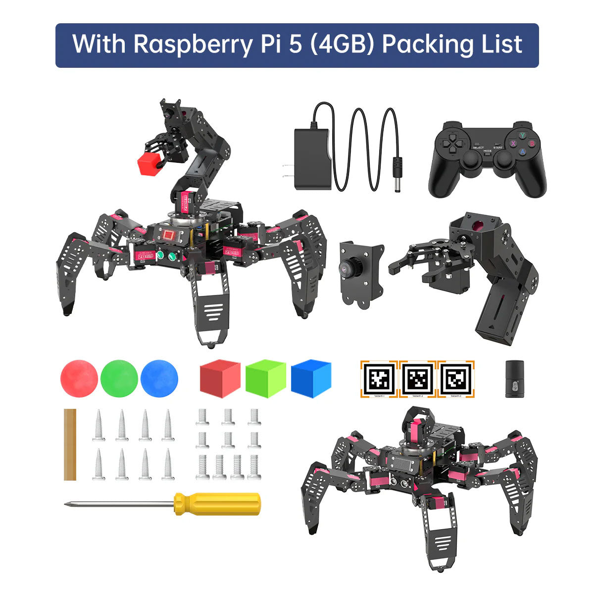 Hiwonder SpiderPi Pro Hexapod Robot Spider Robot + 5DOF AI Vision Robotic Arm + Raspberry Pi 5 (4GB)