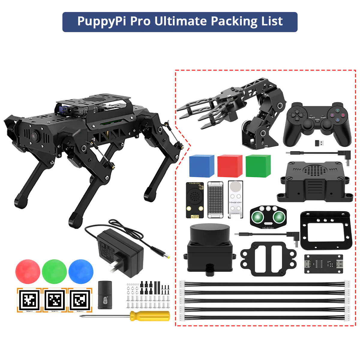Hiwonder PuppyPi Pro Ultimate Kit Robot Dog with Raspberry Pi 5 (8GB), AI Vision, AI Voice Interaction and Robot Arm