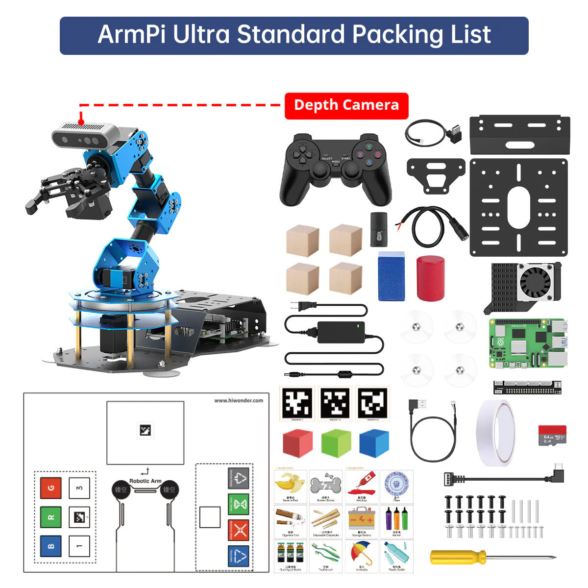 Hiwonder ArmPi Ultra Robot Arm Standard Version with Depth Camera, Raspberry Pi 5 (4GB) and SD Card