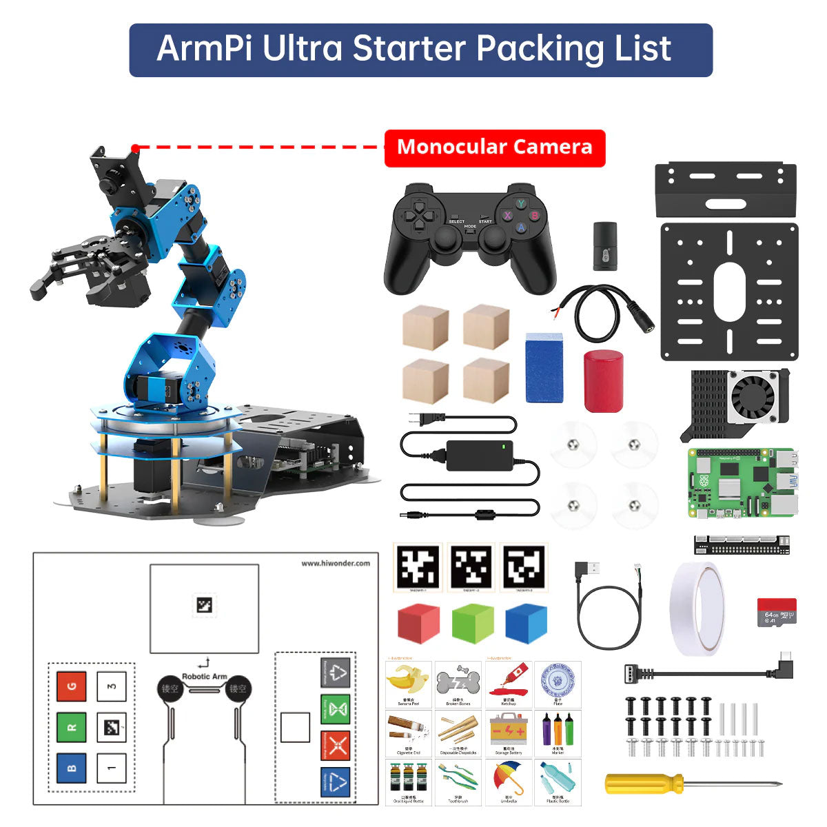 Hiwonder ArmPi Ultra Robot Arm Starter Version with Monocular Camera, Raspberry Pi 5 (8GB) and SD Card