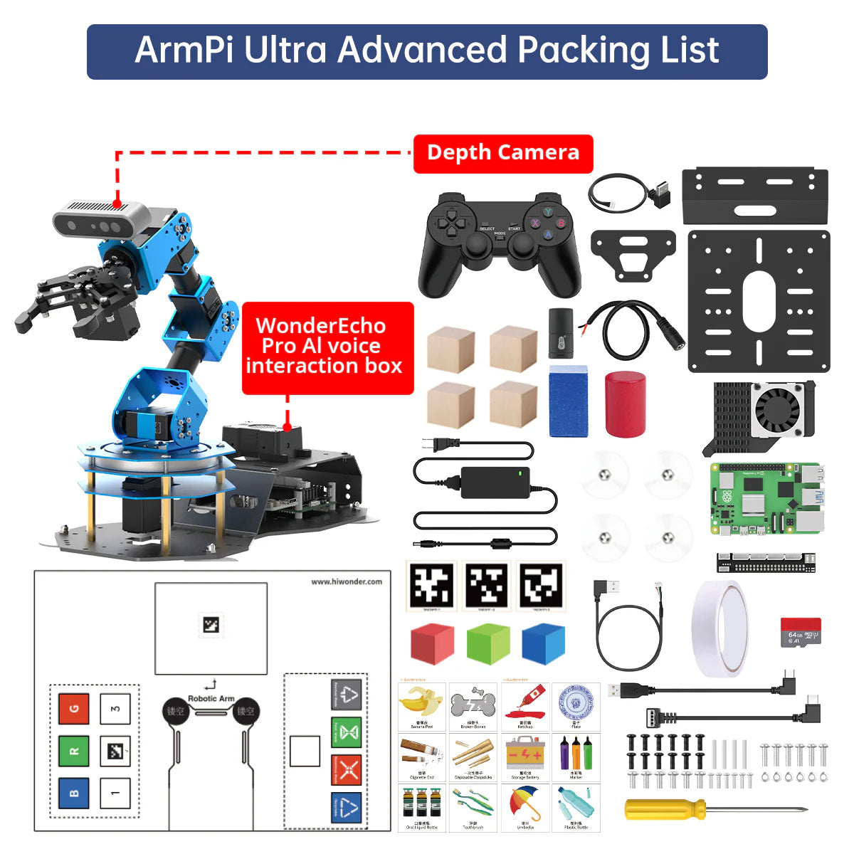 Hiwonder ArmPi Ultra Robot Arm Advanced Version with Depth Camera, AI Voice Interaction and Raspberry Pi 5 (8GB)