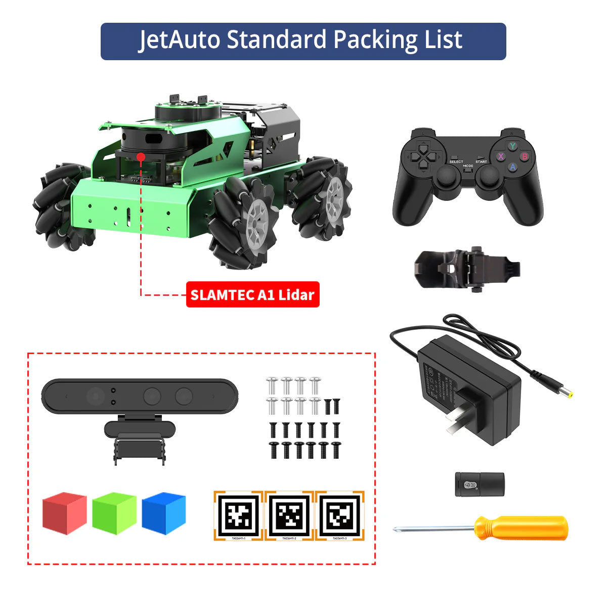 Hiwonder JetAuto Mecanum Wheel Car Standard Version (Jetson Nano 4GB) with SLAMTEC A1 LiDAR + Depth Camera