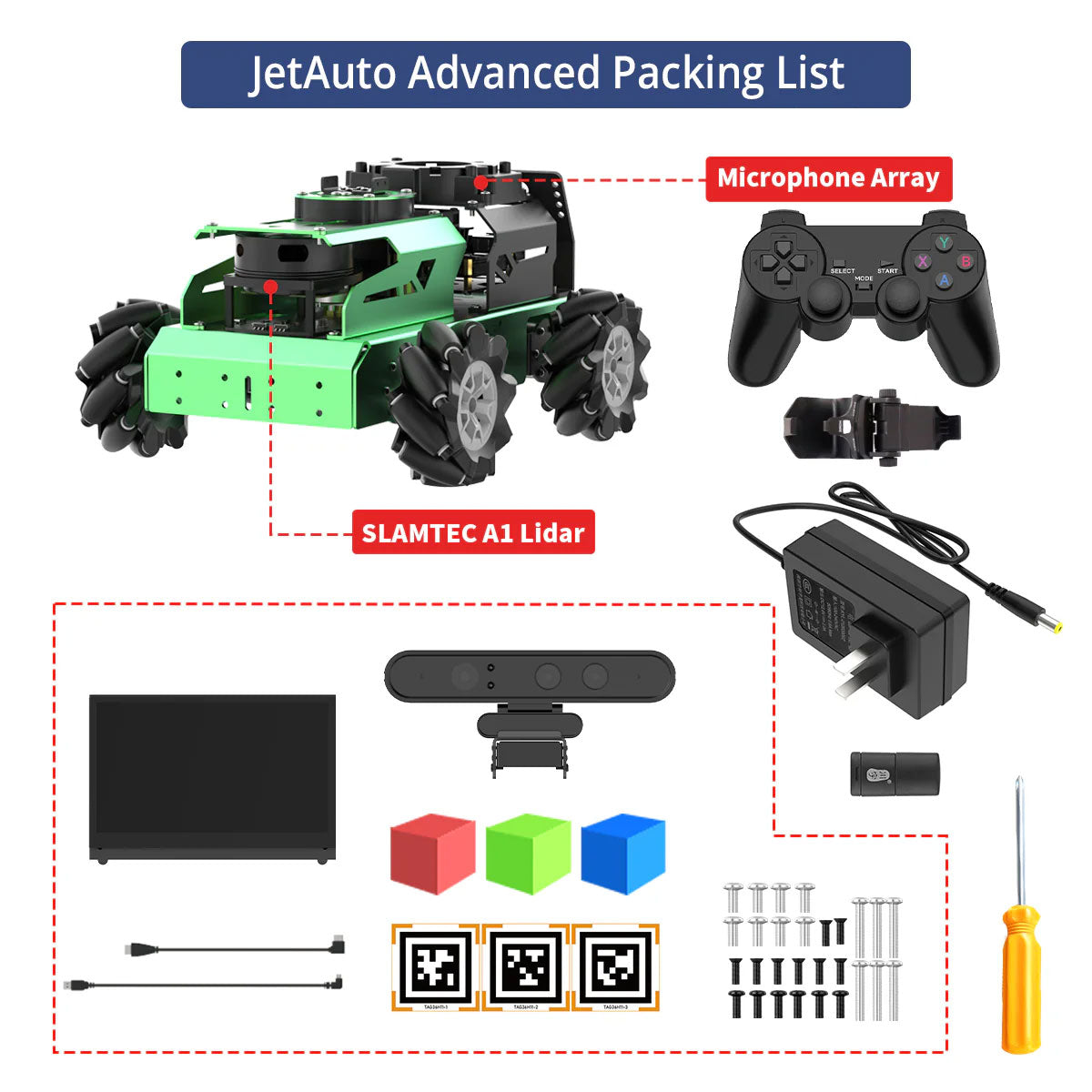 Hiwonder JetAuto Mecanum Wheel Car Advanced Version (Jetson Nano 4GB) with 7-Inch LCD and Microphone Array