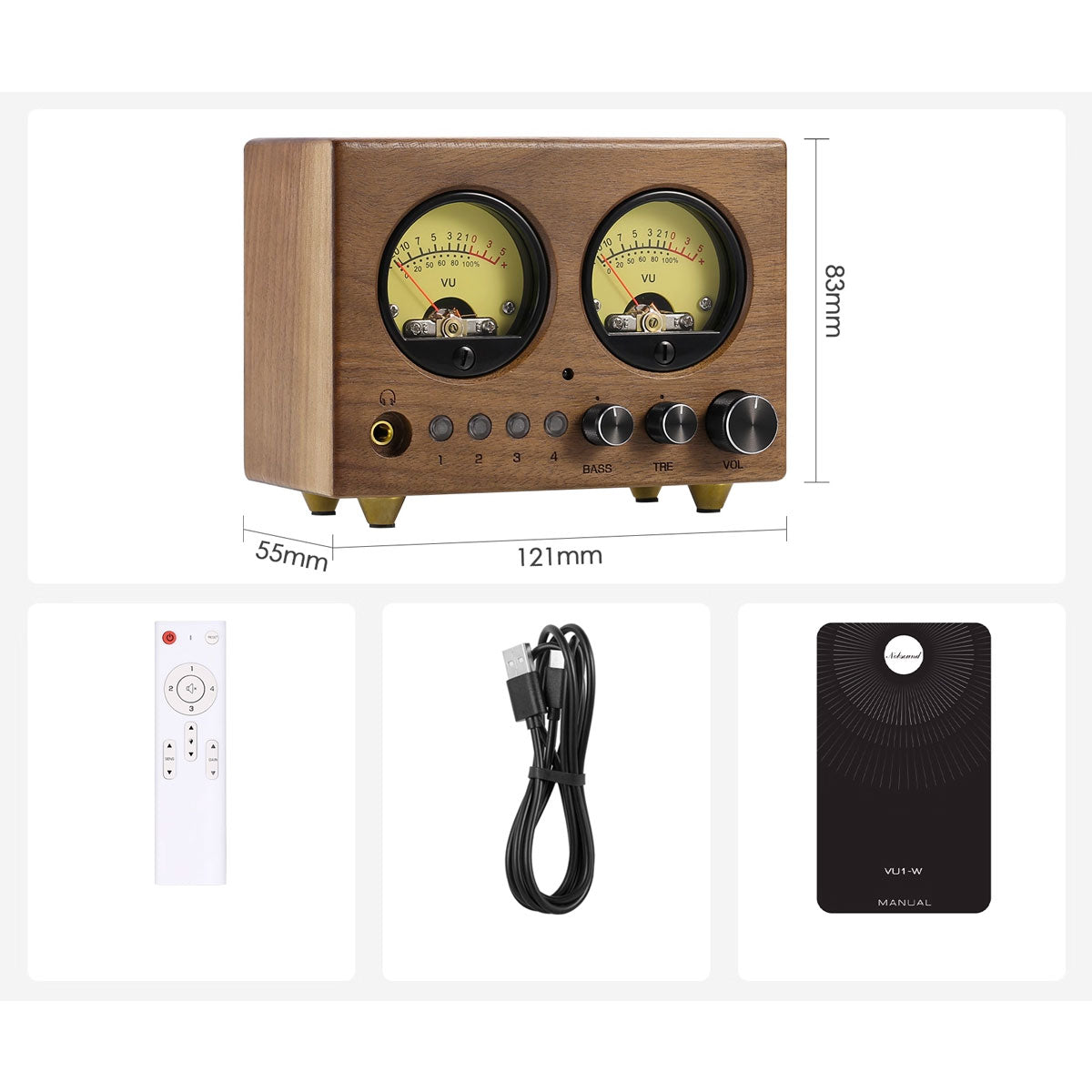 Light Walnut VU1-W 4-IN 1-OUT Audio Switcher Stereo RCA/AUX/MIC Input Preamplifier with Remote Control