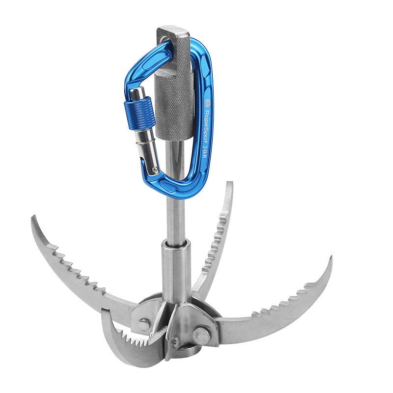 Upgraded Large-size Outdoor Stainless Steel Grappling Hook Foldable Survival Climbing Claw with 24kN Blue Climbing Carabiner