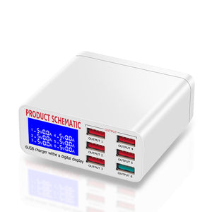 EU Plug 896 Intelligent Cellphone Digital Display Charger 6-USB Output AC100-240V 40W Fast Charger QC3.0