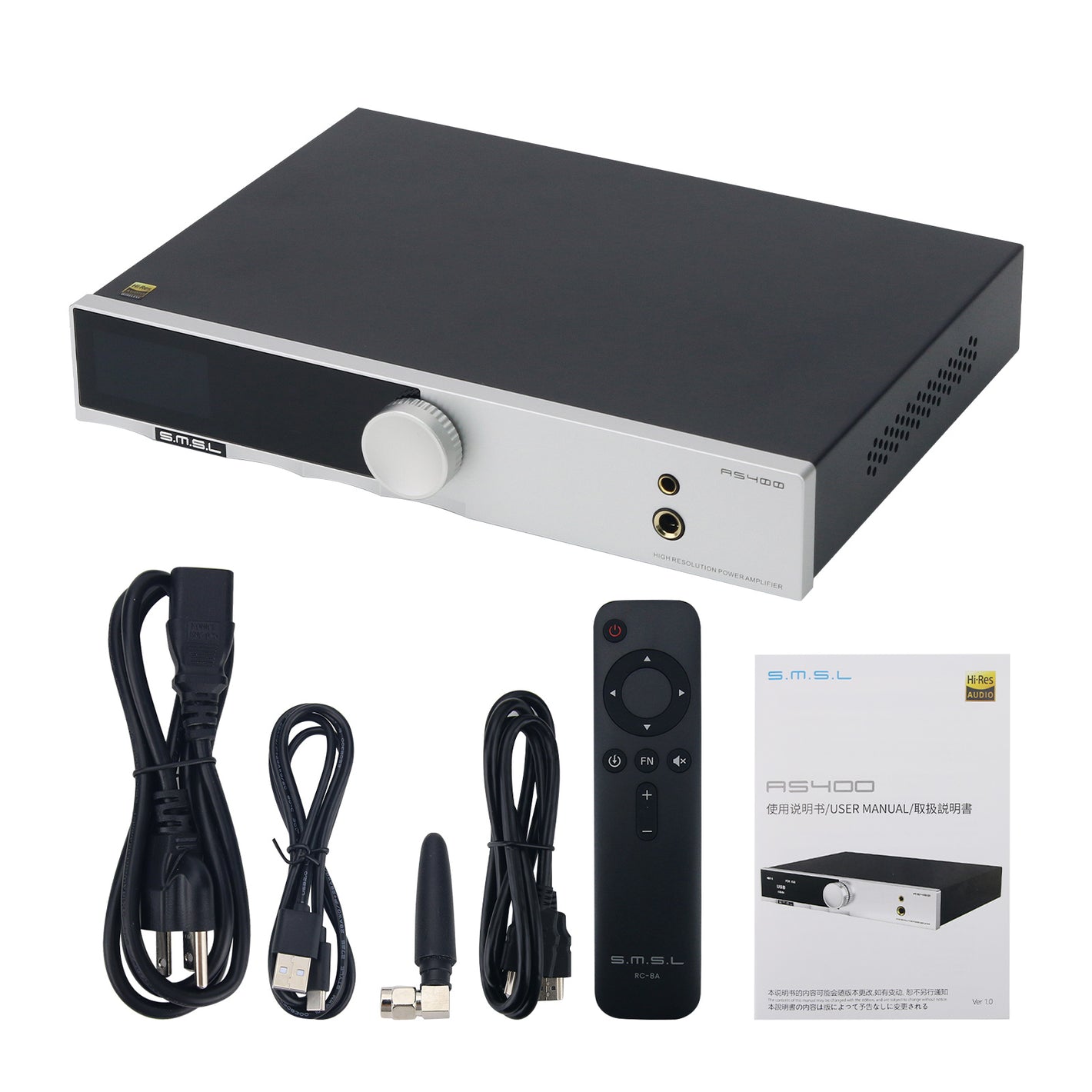 SMSL Silvery AS400 Power Amplifier 165Wx2 High Power HiFi Audio Decoder Built-in Low Noise MM Vinyl Mic Amplifier