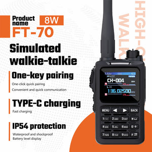 HamGeek FT-70 8W Full Band VHF UHF Simulated Walkie Talkie IP54 Waterproof Radio Communication with 1.77-inch Display