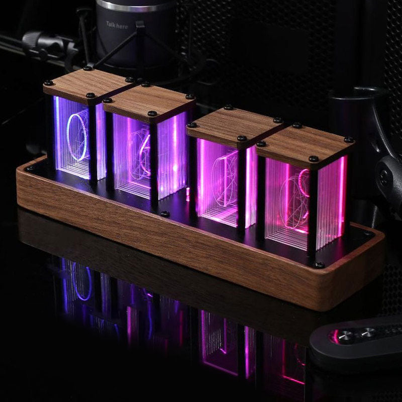 4-Digit Walnut Square Type Retro Nixie Tube Clock Digital RGB Full Color Pseudo Glow Tube Clock Support WiFi Timing