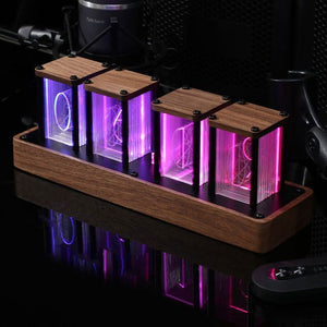 4-Digit Walnut Square Type Retro Nixie Tube Clock Digital RGB Full Color Pseudo Glow Tube Clock Support WiFi Timing
