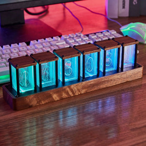 6-Digit Walnut Square Type Retro Nixie Tube Clock Digital RGB Full Color Pseudo Glow Tube Clock Support WiFi Timing