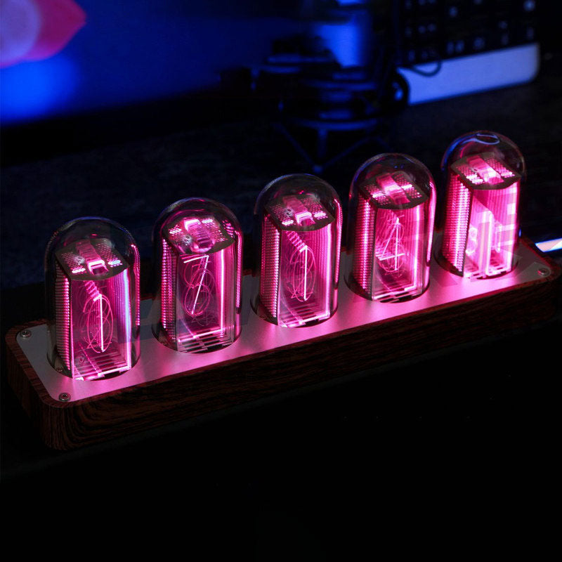 5-Digit Walnut Round Type Retro Nixie Tube Clock Digital RGB Full Color Pseudo Glow Tube Clock Support WiFi Timing