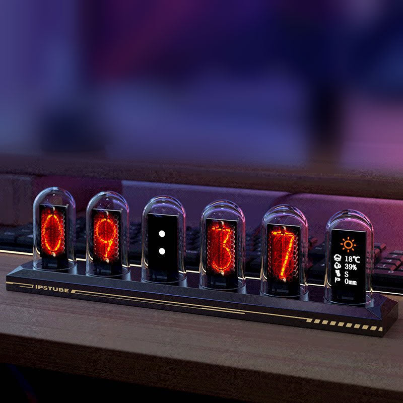 6-Digit IPS Screen Version Retro Nixie Tube Clock Digital RGB Full Color Pseudo Glow Tube Clock (Base with Light)