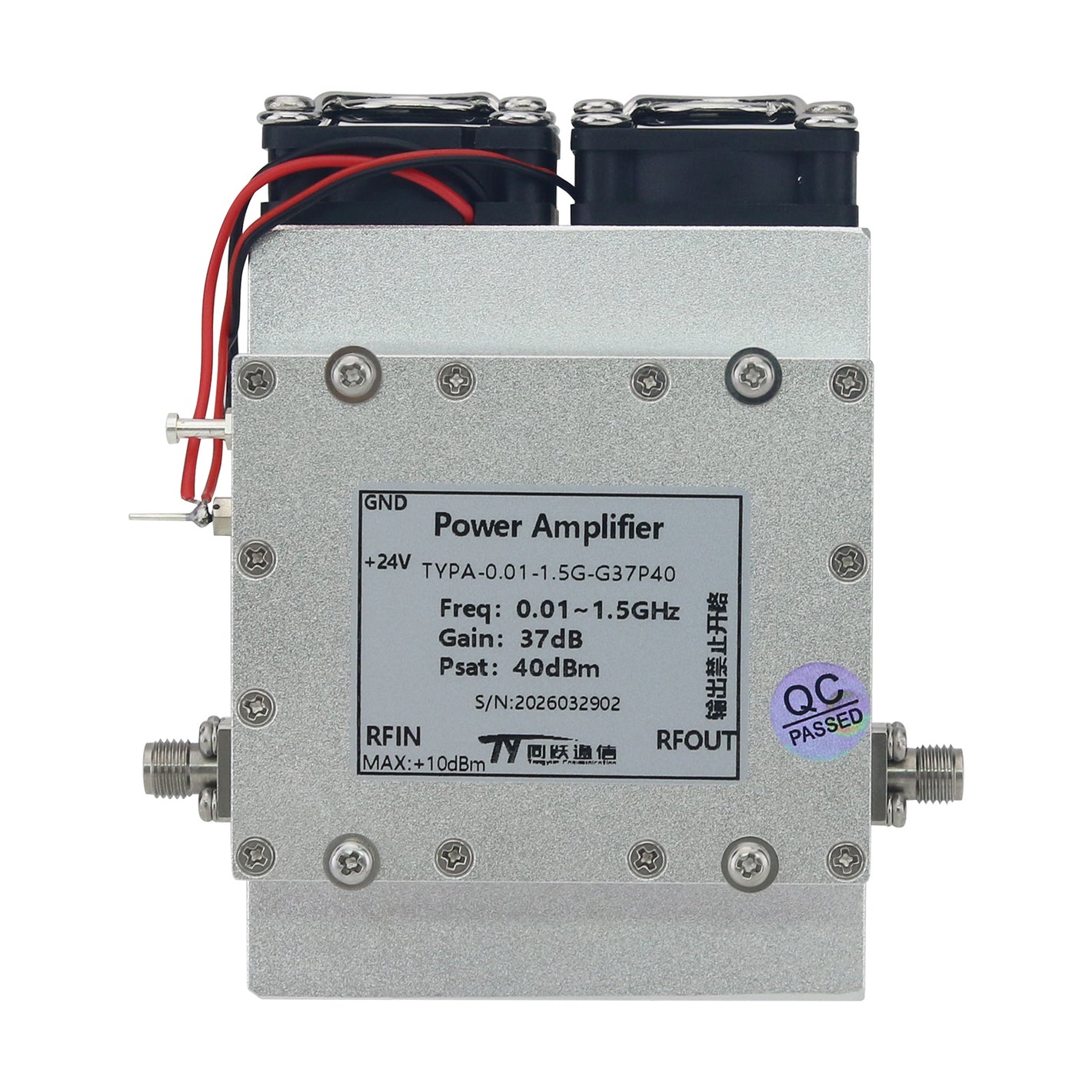 0.01-1.5GHz RF Power Amplifier 37dB High Gain 10W Output RF PA with SMA Female Connector (with Radiator and Fan)