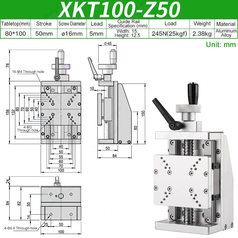 XKT100-Z50 Manual X-Axis Ball Screw Slide Rail 80x100mm Table 50mm Stroke 25kg Load Linear Stage