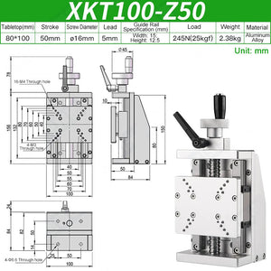 XKT100-Z50 Manual X-Axis Ball Screw Slide Rail 80x100mm Table 50mm Stroke 25kg Load Linear Stage