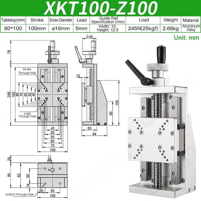 XKT100-Z100 Manual X-Axis Ball Screw Slide Rail 80x100mm Table 100mm Stroke 25kg Load Linear Stage