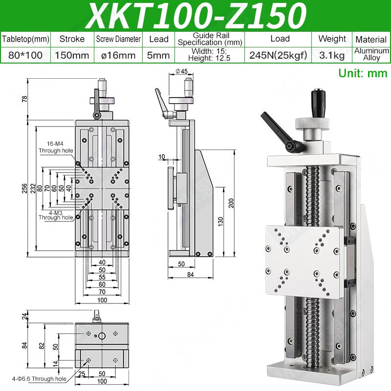 XKT100-Z150 Manual X-Axis Ball Screw Slide Rail 80x100mm Table 150mm Stroke 25kg Load Linear Stage
