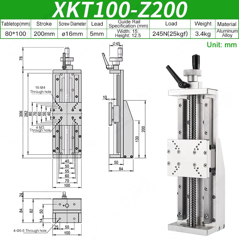 XKT100-Z200 Manual X-Axis Ball Screw Slide Rail 80x100mm Table 200mm Stroke 25kg Load Linear Stage
