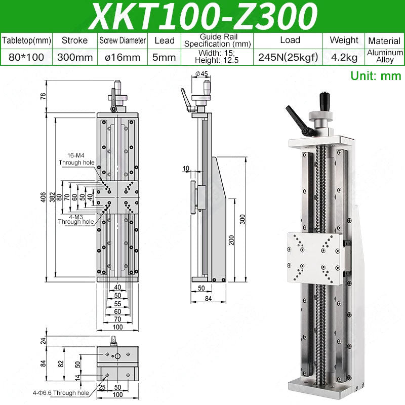 XKT100-Z300 Manual X-Axis Ball Screw Slide Rail 80x100mm Table 300mm Stroke 25kg Load Linear Stage