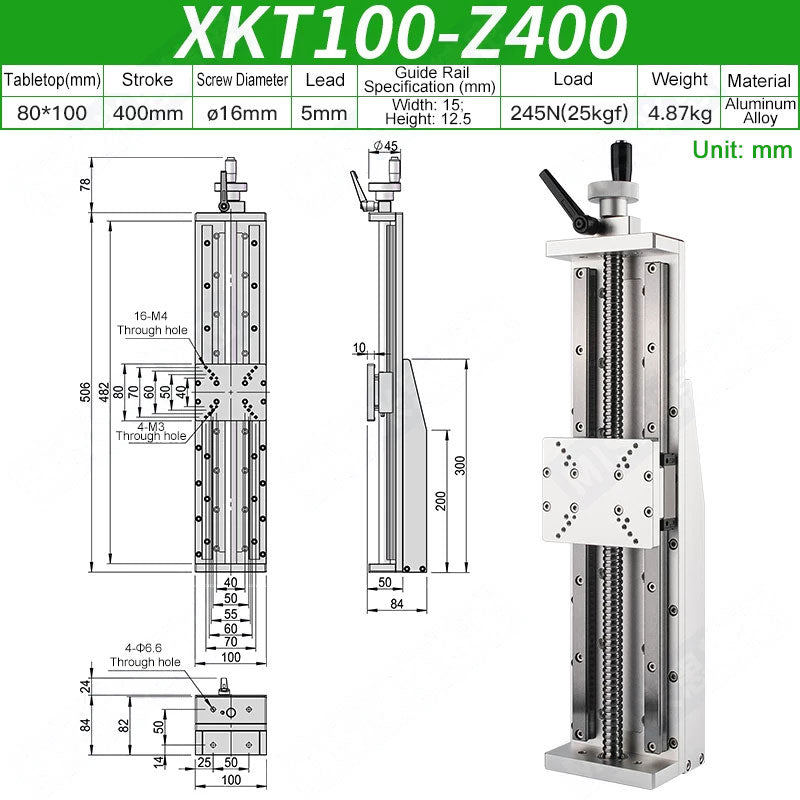 XKT100-Z400 Manual X-Axis Ball Screw Slide Rail 80x100mm Table 400mm Stroke 25kg Load Linear Stage