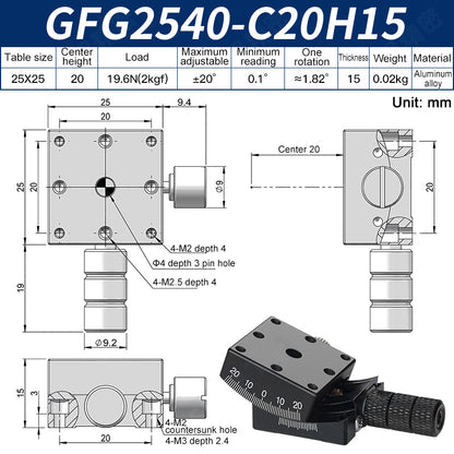 GFG2540-C20H15 Manual Goniometer Stage ±20° Tilt 2kg Load High-Precision Sliding Table for Optical Lab