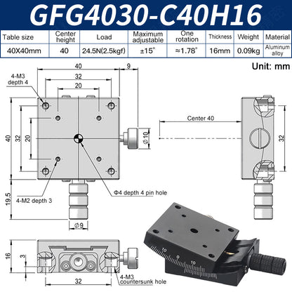 GFG4030-C40H16 Manual Goniometer Stage ±15° Tilt 2.5kg Load High-Precision Sliding Table for Optical Lab