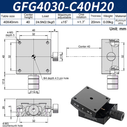 GFG4030-C40H20 Manual Goniometer Stage ±15° Tilt 2.5kg Load High-Precision Sliding Table for Optical Lab