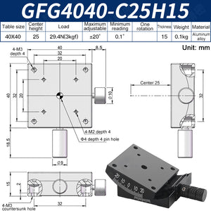 GFG4040-C25H15 Manual Goniometer Stage ±20° Tilt 2.5kg Load High-Precision Sliding Table for Optical Lab