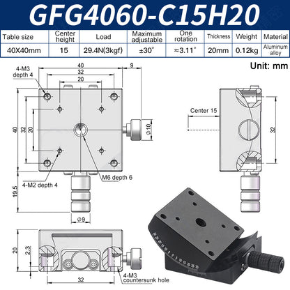 GFG4060-C15H20 Manual Goniometer Stage ±30° Tilt 3kg Load High-Precision Sliding Table for Optical Lab