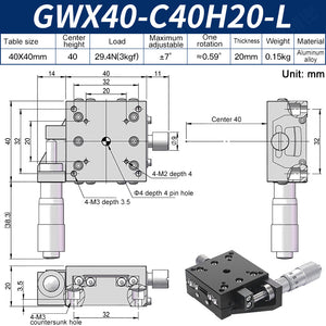 GWX40-C40H20-L Manual Goniometer Stage ±7° Tilt 3kg Load High-Precision Sliding Table for Optical Lab