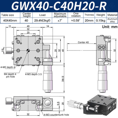 GWX40-C40H20-R Manual Goniometer Stage ±7° Tilt 3kg Load High-Precision Sliding Table for Optical Lab
