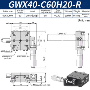 GWX40-C60H20-R Manual Goniometer Stage ±5° Tilt 3kg Load High-Precision Sliding Table for Optical Lab
