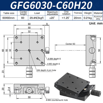 GFG6030-C60H20 Manual Goniometer Stage ±20° Tilt 3kg Load High-Precision Sliding Table for Optical Lab