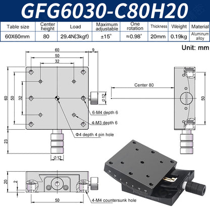 GFG6030-C80H20 Manual Goniometer Stage ±15° Tilt 3kg Load High-Precision Sliding Table for Optical Lab
