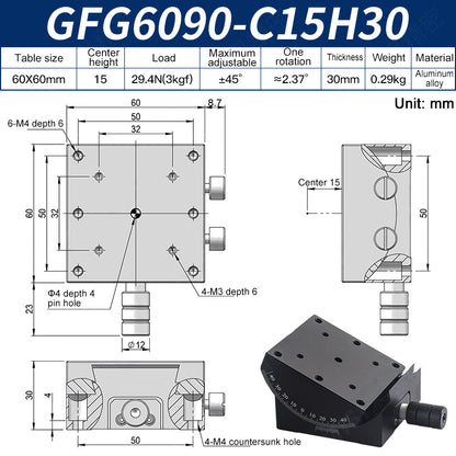 GFG6090-C15H30 Manual Goniometer Stage ±45° Tilt 3kg Load High-Precision Sliding Table for Optical Lab