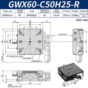 GWX60-C50H25-R Manual Goniometer Stage ±6° Tilt 5kg Load High-Precision Sliding Table for Optical Lab