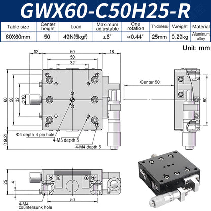 GWX60-C50H25-R Manual Goniometer Stage ±6° Tilt 5kg Load High-Precision Sliding Table for Optical Lab