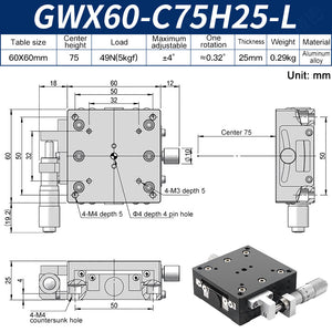GWX60-C75H25-L Manual Goniometer Stage ±4° Tilt 5kg Load High-Precision Sliding Table for Optical Lab