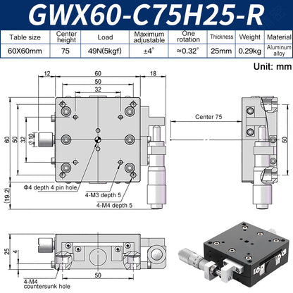 GWX60-C75H25-R Manual Goniometer Stage ±4° Tilt 5kg Load High-Precision Sliding Table for Optical Lab